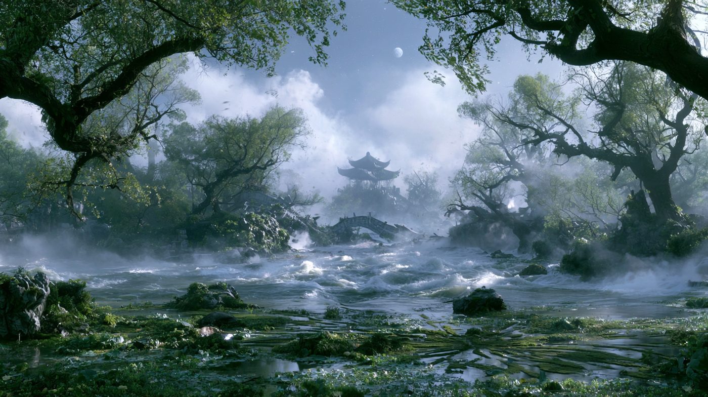 雾林河岸远望寺庙