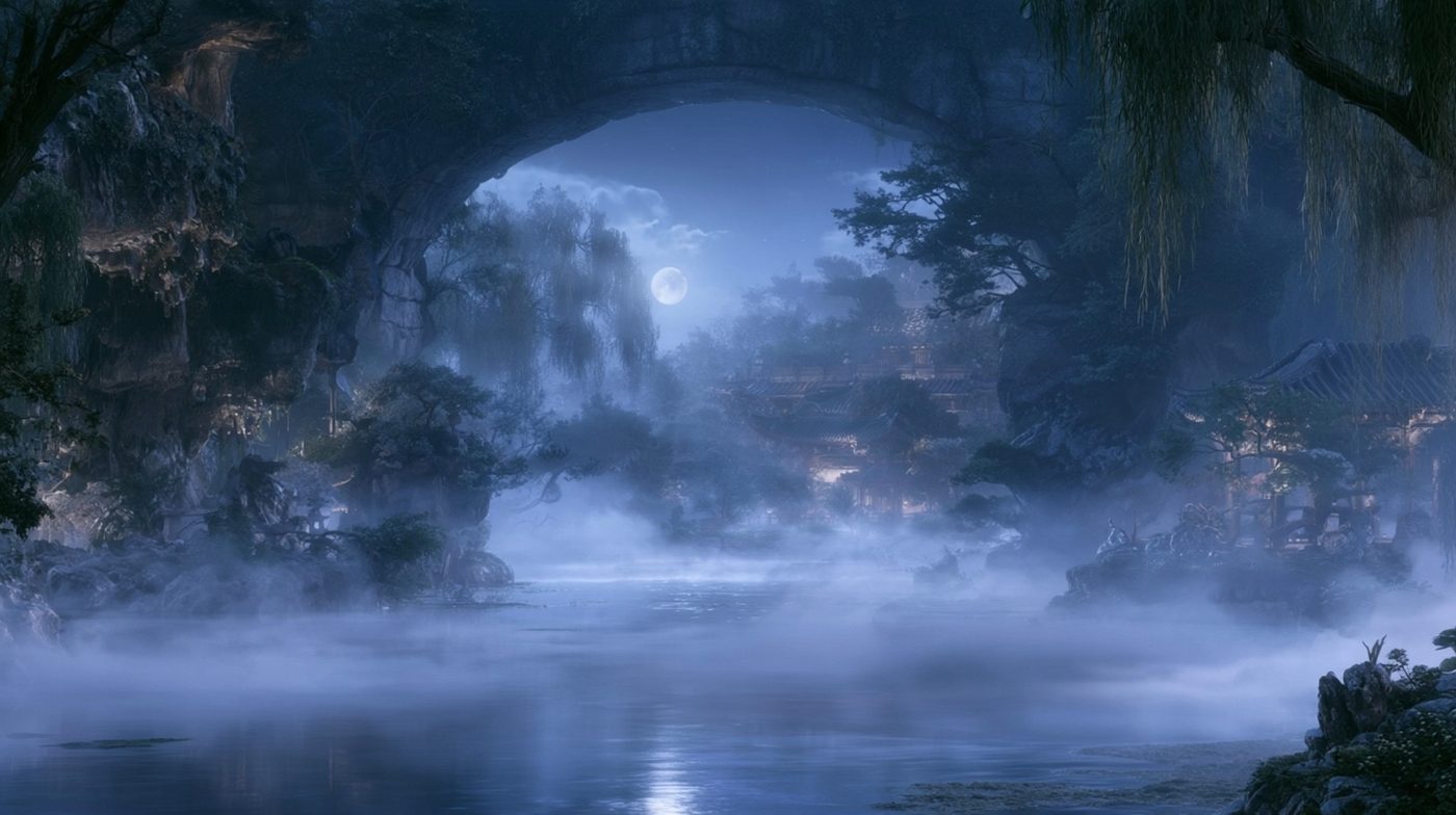 静夜雾湖石拱桥
