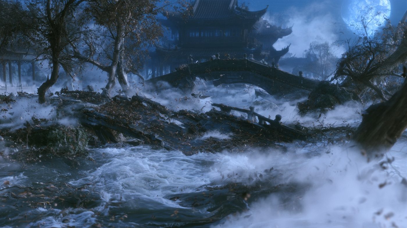 寺院石桥与涌雾