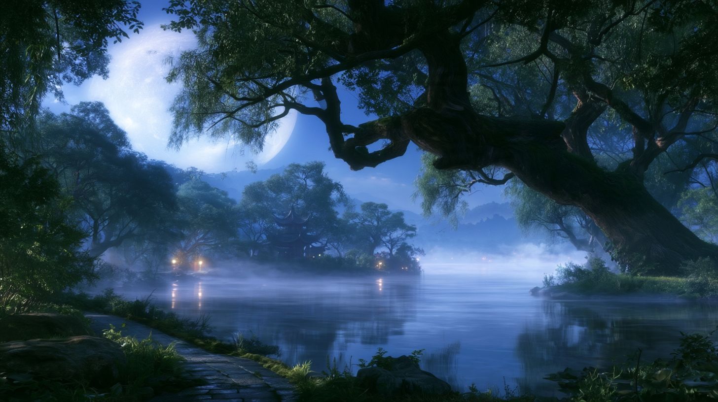 岸边月夜小径